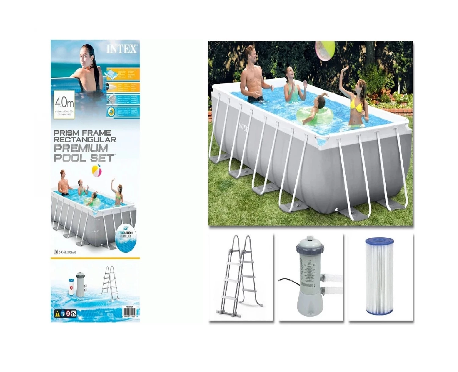 INTEX BAZEN PRIZMA SA METALNOM KONSTRUKCIJOM 400X200X100CM SA 12V PUMPOM 26788GN