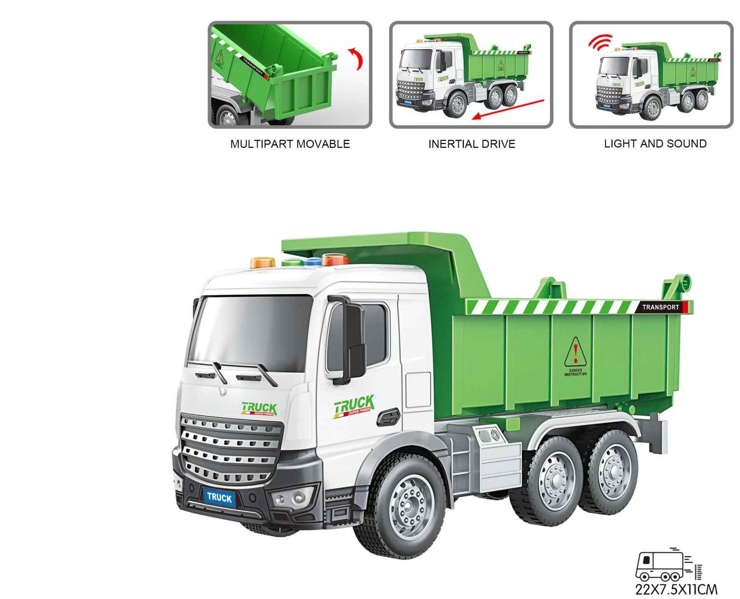 Magzy Wheels Kamion 1:18 kamion kiper zeleni sa zvukom i svetlom