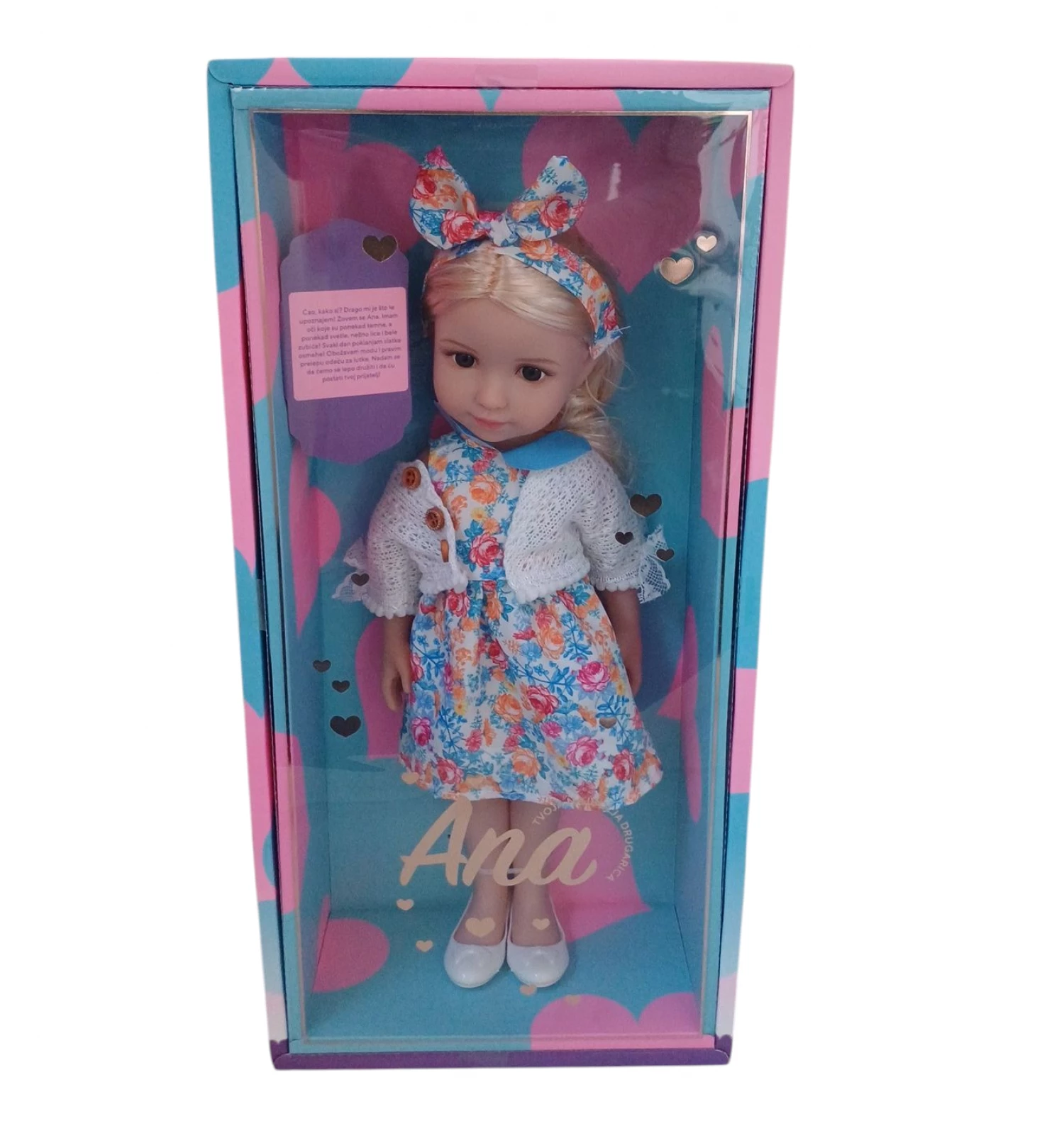 Lutka Ana SR u poklon kutiji I plavoj cvetnoj haljini