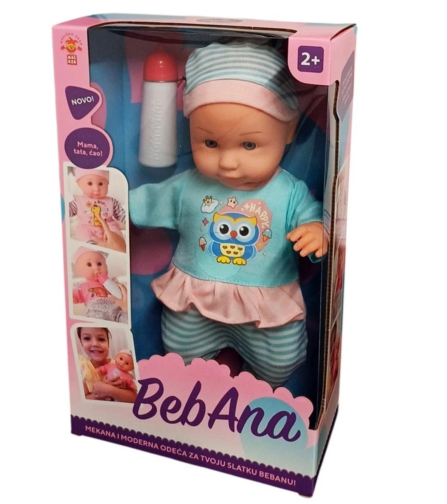 Lutka beba sovica sa flasicom 30cm